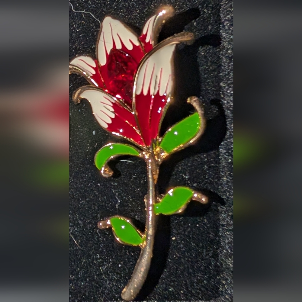 🆕 Floral Enamel Brooch with Red and Green Accents